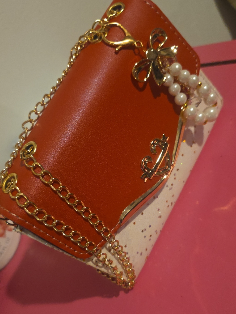 Rainbow Red and White Crossbody Bag with Gold Chain and Pearl Charm